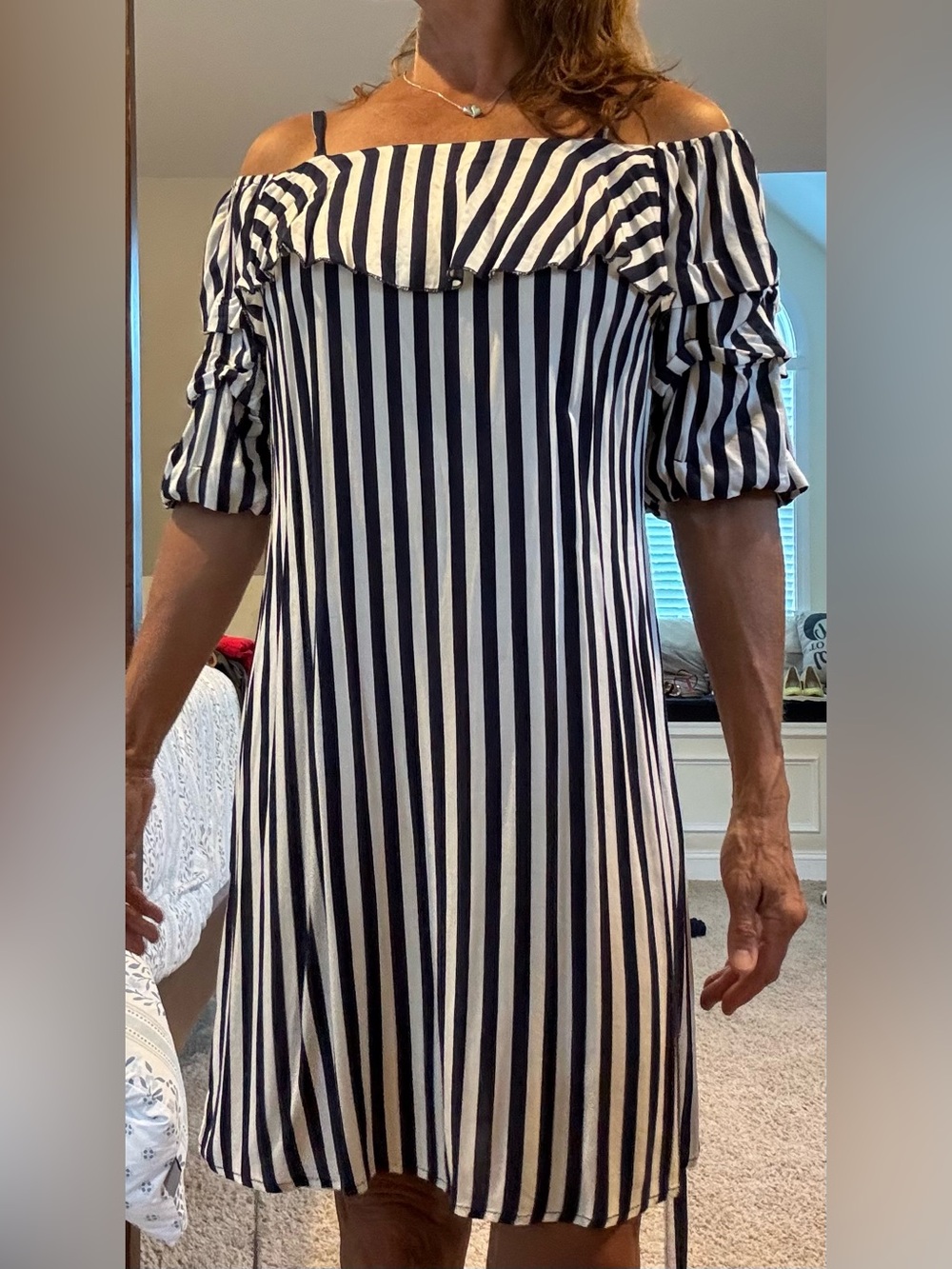 Black & White Striped Off-Shoulder Dress with Belt